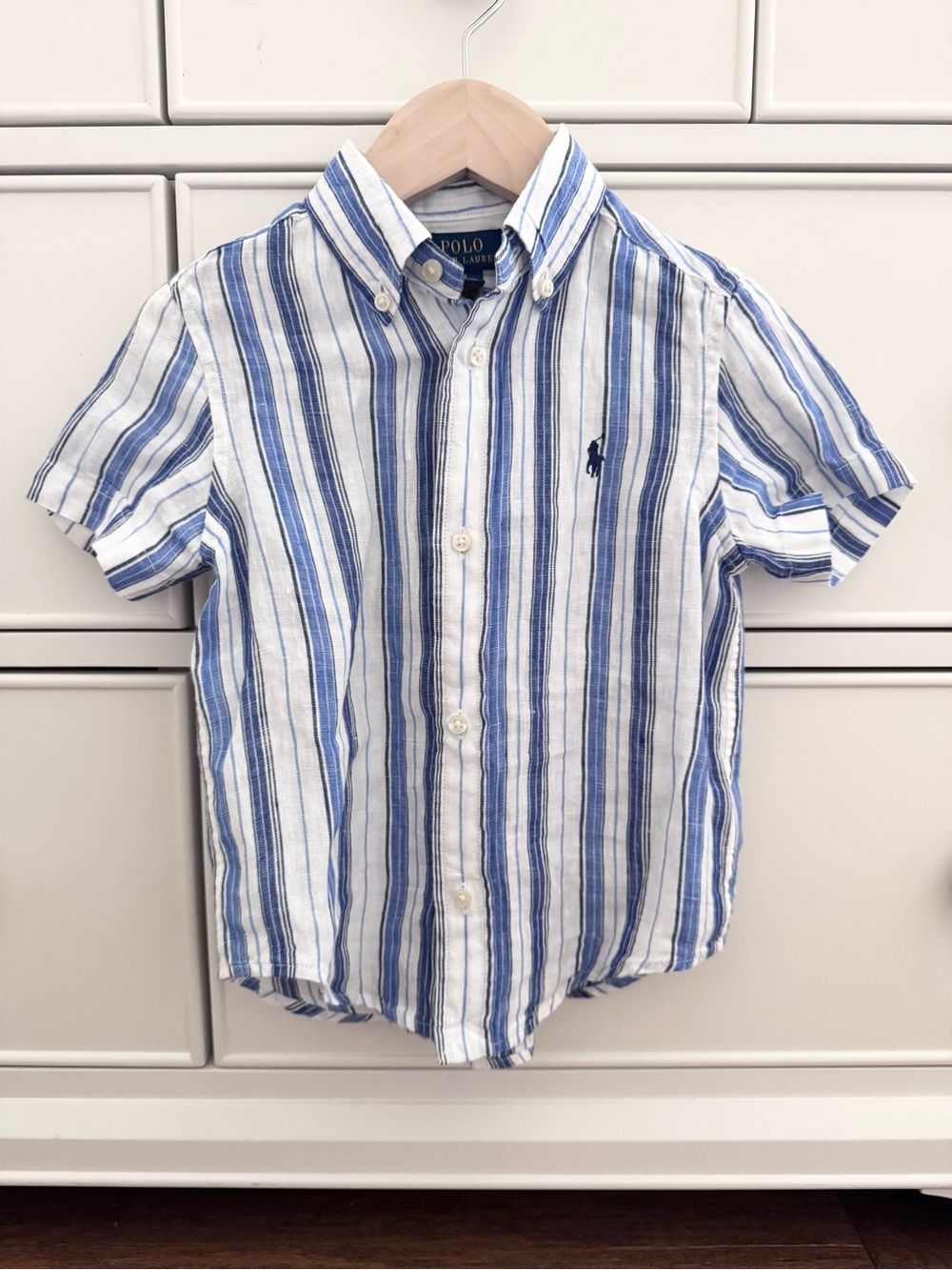 Polo by Ralph Lauren - Boys Blue Stripe Short Sleeve Linen Shirt, Size 3T